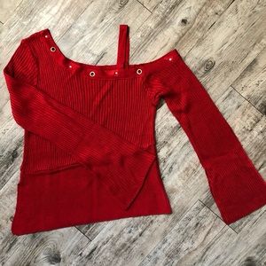 Red Bell Sleeve Cold Shoulder Ribbed Sweater With Metal Decals